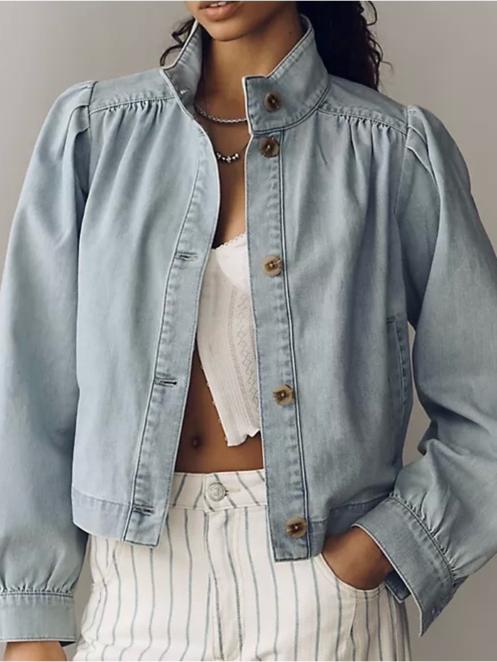 Sanctuary Charlotte Puff Sleeve Crop Denim Jacket in Lt Blue Whisper Wash. Sz S